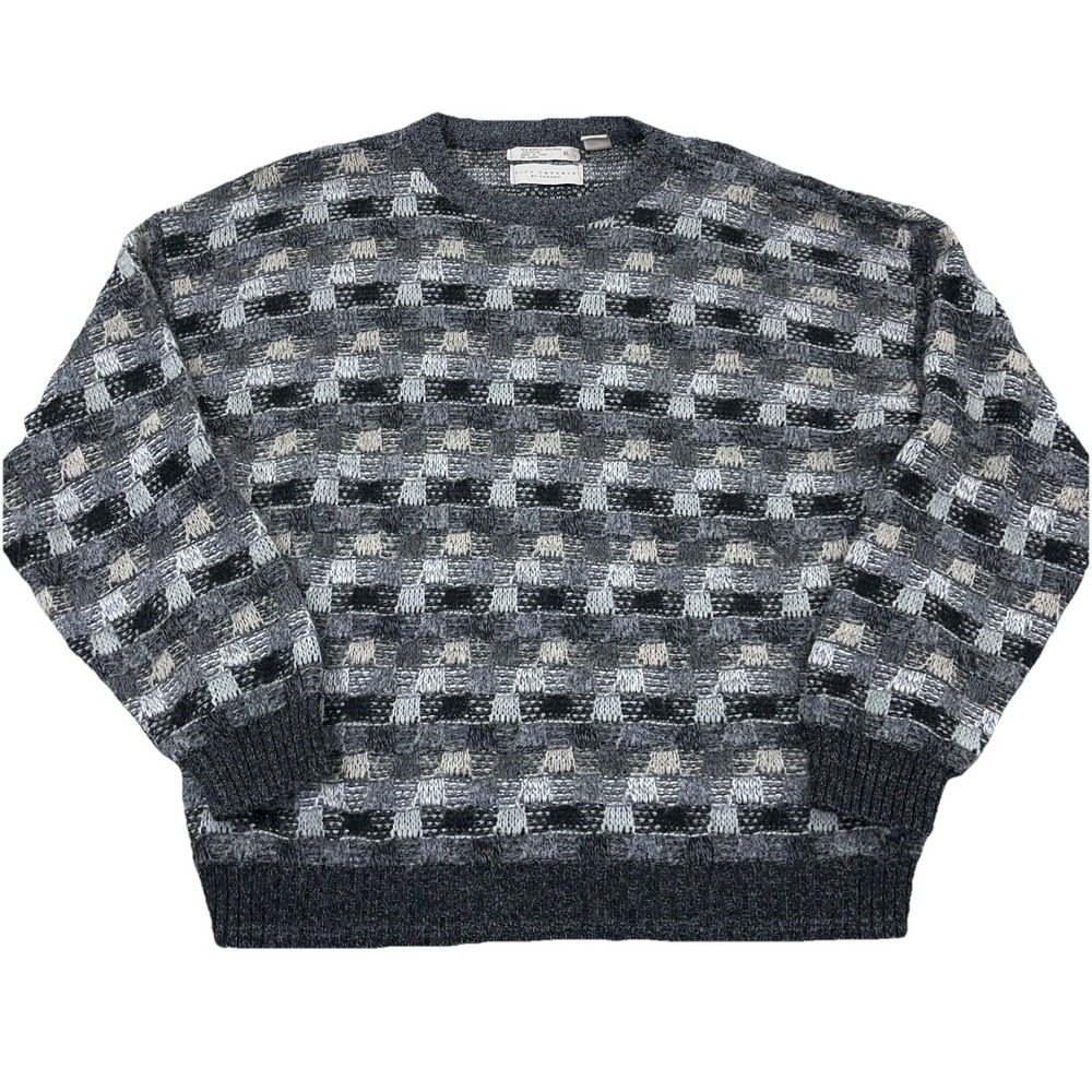 Vintage Grandpa Sweater Men XL Gray Wool Blend Geometric Knit Golf 90s Cosby Y2K